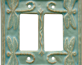 MADE TO ORDER: Ceramic Dragonflies Double Rocker Light Switch Cover in Antique Teal Glaze