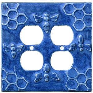 Ceramic Honeybees Double Duplex Outlet Plate in Sapphire Blue Glaze