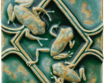 Frogs Ceramic Art Sculpted Tile in Rainforest Green Glaze -6 inches x 6 inches