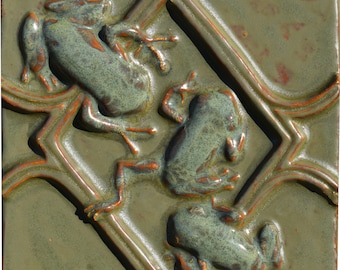 Frogs Ceramic Art Sculpted Tile in Olive Green Glaze -6 inches x 6 inches