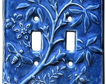 Botanical & Bees Double Toggle Ceramic Light Switch Cover in Sapphire Blue Glaze