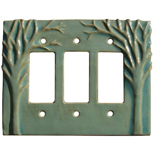 Trees Ceramic Triple Rocker GFI Light Switch Plate in Antique Teal Glaze