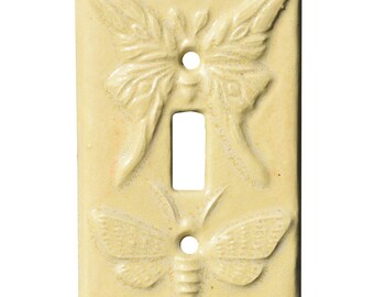 Moths Ceramic Single Toggle Light Switch Plate in Cream Stone Matte Finish Glaze