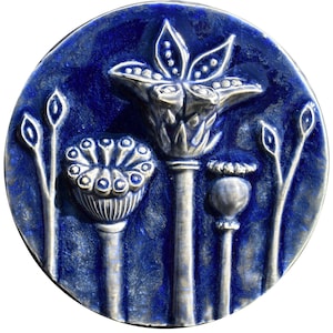 Poppies Ceramic Art Wall Sculpture Round Tile in Night Sky Gloss Glaze