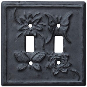 Moths & Flowers Double Toggle Ceramic Light Switch Plate in Steel Matte Glaze