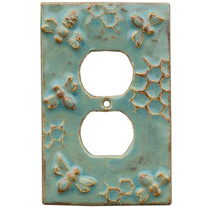 Honeybees Ceramic Duplex Outlet Plate in Antique Teal Glaze