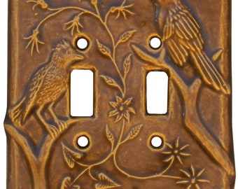 Birds Ceramic Art Double Toggle Light Switch Cover in Russet Satin Finish Glaze