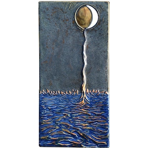 Moon Into Sea Ceramic Art Wall Sculpture Tile in Sapphire, Stormy Blue & Orange Glazes- creative, unusual