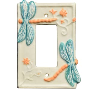 Dragonflies Ceramic Single Rocker GFI Light Switch Plate in Coral and Turquoise