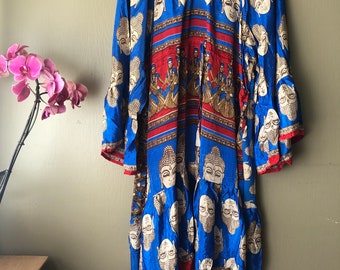 Maxi vlinderjurk (m-xl+) - lange mouwen met ruches, volle rok met ruches en trekkoord in de taille - Upcycled Sari Silk - Uniek in zijn soort