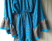Babydoll Butterfly Dress (m-xl ) - ruffle long sleeves, full ruffle skirt with drawstring waistline - Upcycled Sari Silk - One of a kind
