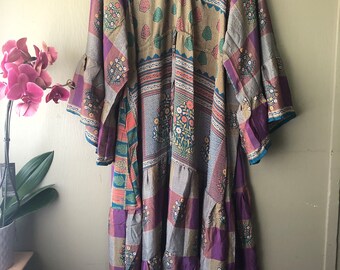 Maxi Butterfly Dress (m-xl+) - ruffle long sleeves, full ruffle skirt with drawstring waistline  - Upcycled Sari Silk - One of a kind