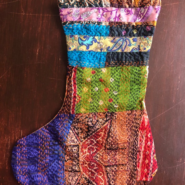 Kantha Quilt Christmas Stocking - sari silk patchwork