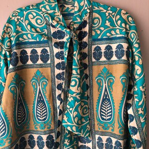 Silk Scarf Shirt - LARGE / XL version - button down retro dress shirt with adorable neckline  - Upcycled Sari Silk - One of a kind