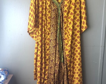 Maxi Rüschen Seidenhalfter Sommerkleid - 2022 new style - free-size mit Kordelzug & Empire Taille - aus upcycled Vintage Sari Seide