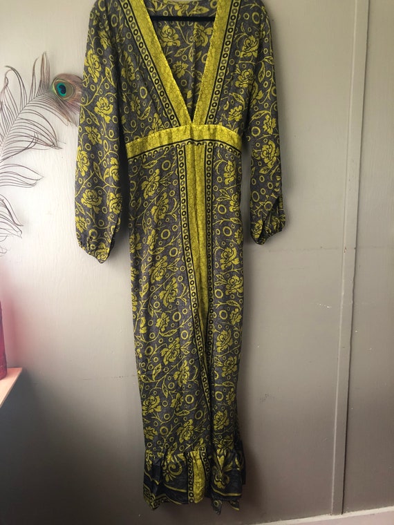 Upcycled Sari Silk Maxi Gown, Plunge Neck, Long Sleeve Ruffle Dress (M-XL)