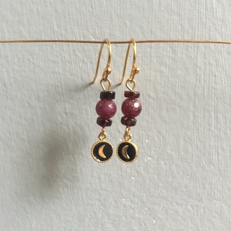 Ruby and Garnet gemstone earrings with crescent moon and gold plate capricorn Leo birthstone