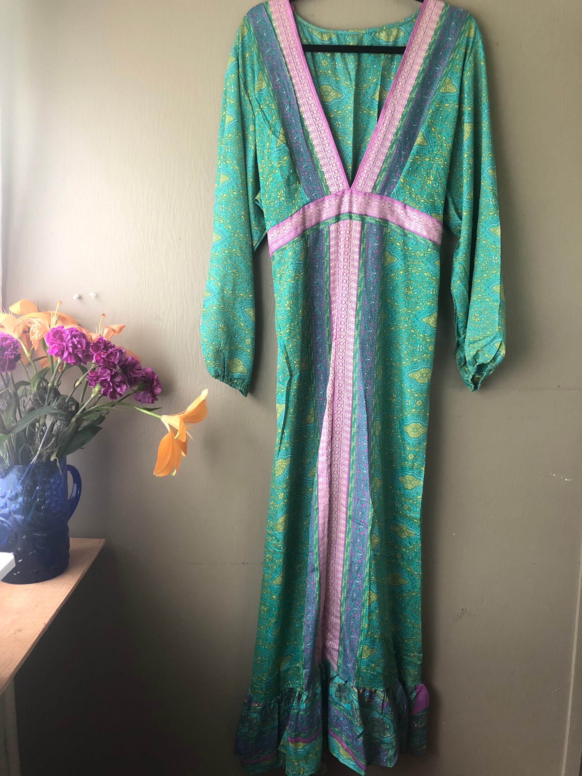 Upcycled Sari Silk Maxi Gown, Plunge Neck, Ruffle Skirt, Long Sleeve (M-XL) Upcycled Sari Silk Maxi Gown, Plunge Neck, Ruffle Skirt, Long Sleeve (M-XL)