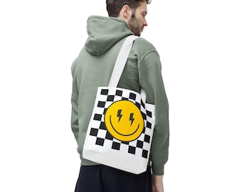 Checkerboard Smiley Face Tote Bag: Fun Polyester Shopping Bag