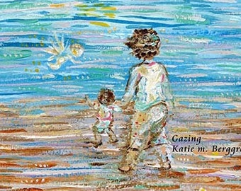 Gazing - Mother with child walking on the beach, angel baby watching over, beach painting - limited edition option