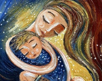 Mother Hugging Son, Blonde Mother and Child Art, KmBerggren Autographed Print - Vibrant Health