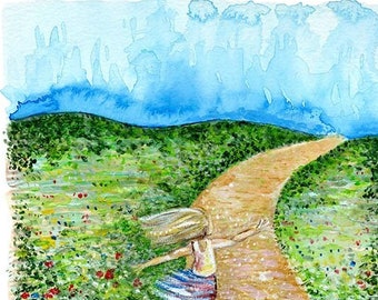 Whisked Away - child running on a path, field of flowers, spirited daughter art print - limited edition option