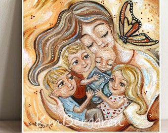 Mom of Four Gift, Valentine For Mom with Big Family, Monarch Butterfly Art, Signed Art Print by KmBerggren - Together In A Dream