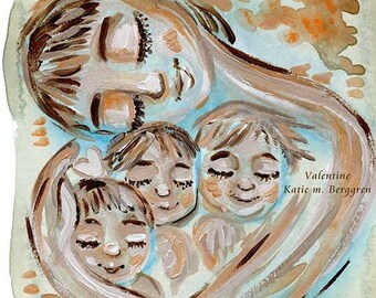 Valentine - mother with 3 children, blue and orange art print - limited edition option