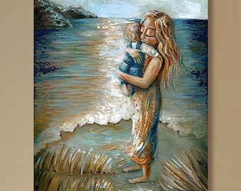 ONE AVAILABLE - Comfort - Original 16x20  inch Mother & Child Cuddling On Beach Painting