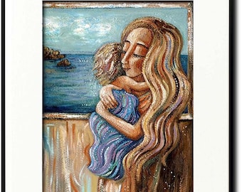 ORIGINAL ART, One-Of-A-Kind Painting - In Safe Hands - Holding Baby At Window with Sea Painting