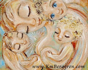 Blonde Mommy Of 3 Gift, curly children blue eyes, Gift for Brother and Sister, Autographed Art Print by KmBerggren - Space To Breathe