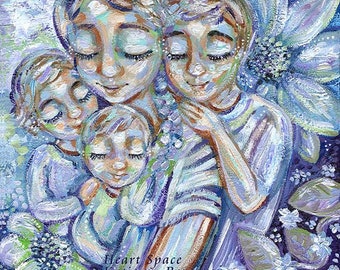 Mom and 3 Kids Autographed Art Print by KmBerggren - Heart Space