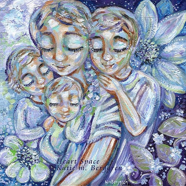 Mom and 3 Kids Autographed Art Print by KmBerggren - Heart Space