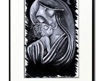 ORIGINAL ART One-Of-A-Kind Black & White Painting of Mom and Baby by KmBerggren - Nurture