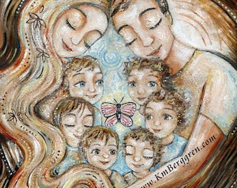 Mom and Dad with 6 kids, Customize Hair & Eye Colors with an Embellished Print, Big Family Art by KmBerggren - Spacious Love