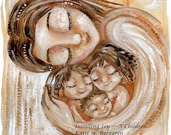 Instilling Joy - Mother with three kids, warm neutral art, nude mother children - limited edition option