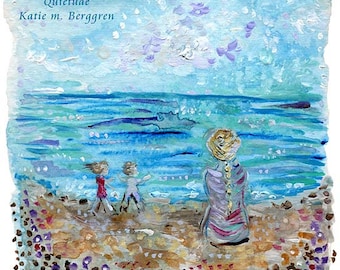 Quietude - Mother with two kids on the beach, coastal art, peaceful quiet beach painting - limited edition option