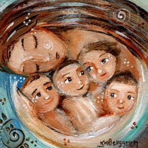 Mom with 4 kids, Customize Hair & Eye Colors with an Embellished Print, Autographed Art by KmBerggren - Committed