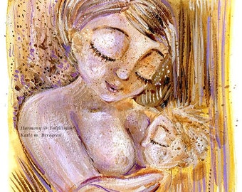 Harmony & Fulfillment - breastfeeding toddler artwork - warm gold and purple water painting - limited edition option