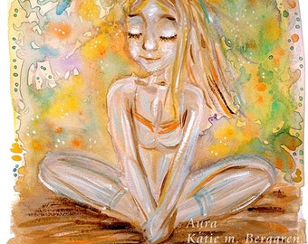 Aura - Young Woman sitting in yoga post - warm gold positive aura art - limited edition option