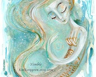 Nimble - lone mermaid in green and blue, inspirational single woman gift art print - limited edition option