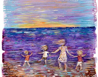 Jeweled - Mother with 3 children on a purple beach - limited edition option