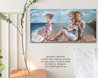 ONE AVAILABLE - Boundless Potential - Original Ocean Wall Art - Family of 4 on the Beach Painting