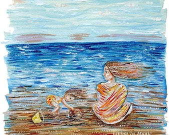 Living In Magic - Mother with daughter on the beach, playing in the sand art, windy beach painting - limited edition option