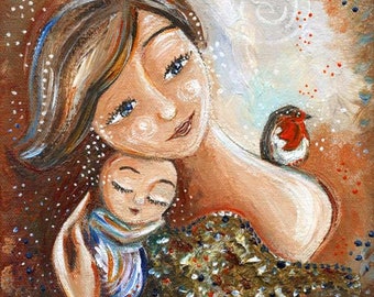 Easy to Frame Collectible Mothers Art Gift, Baby with Bird, Unique Art Print by KmBerggren - Follow My Lead