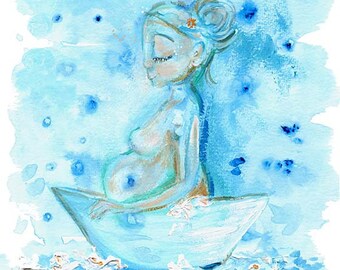 Expectations 1 - Pregnant in the bathtub blue bathing art print - limited edition option