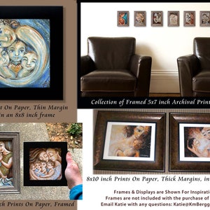 samples of framed KmBerggren art prints, on walls and in hands, frameable in standard frames, easy to frame artwork of mother and child