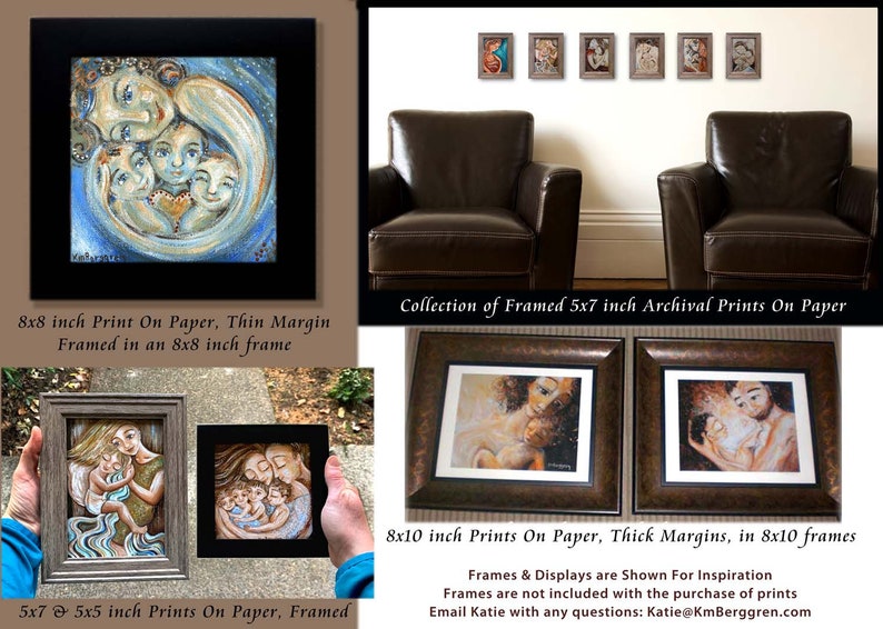 samples of framed KmBerggren art prints, on walls and in hands, frameable in standard frames, easy to frame artwork of mother and child