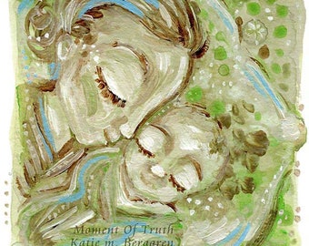 Moment Of Truth - mother and baby sleeping in greens - water paint painting - limited edition option