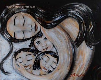 Dark long hair mom with three children, archival signed archival print from original painting - Veva's Home